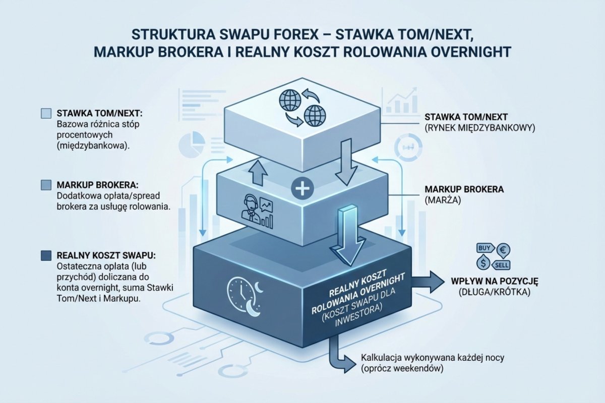 Struktura swapu Forex — stawka Tom/Next, markup brokera i realny koszt rolowania pozycji overnight