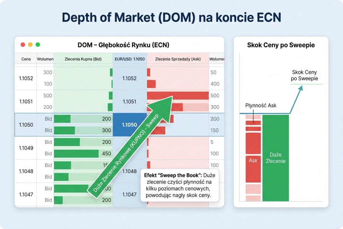 Depth of Market (DOM) na koncie ECN — widoczna płynność na poszczególnych poziomach cenowych i efekt sweep the book