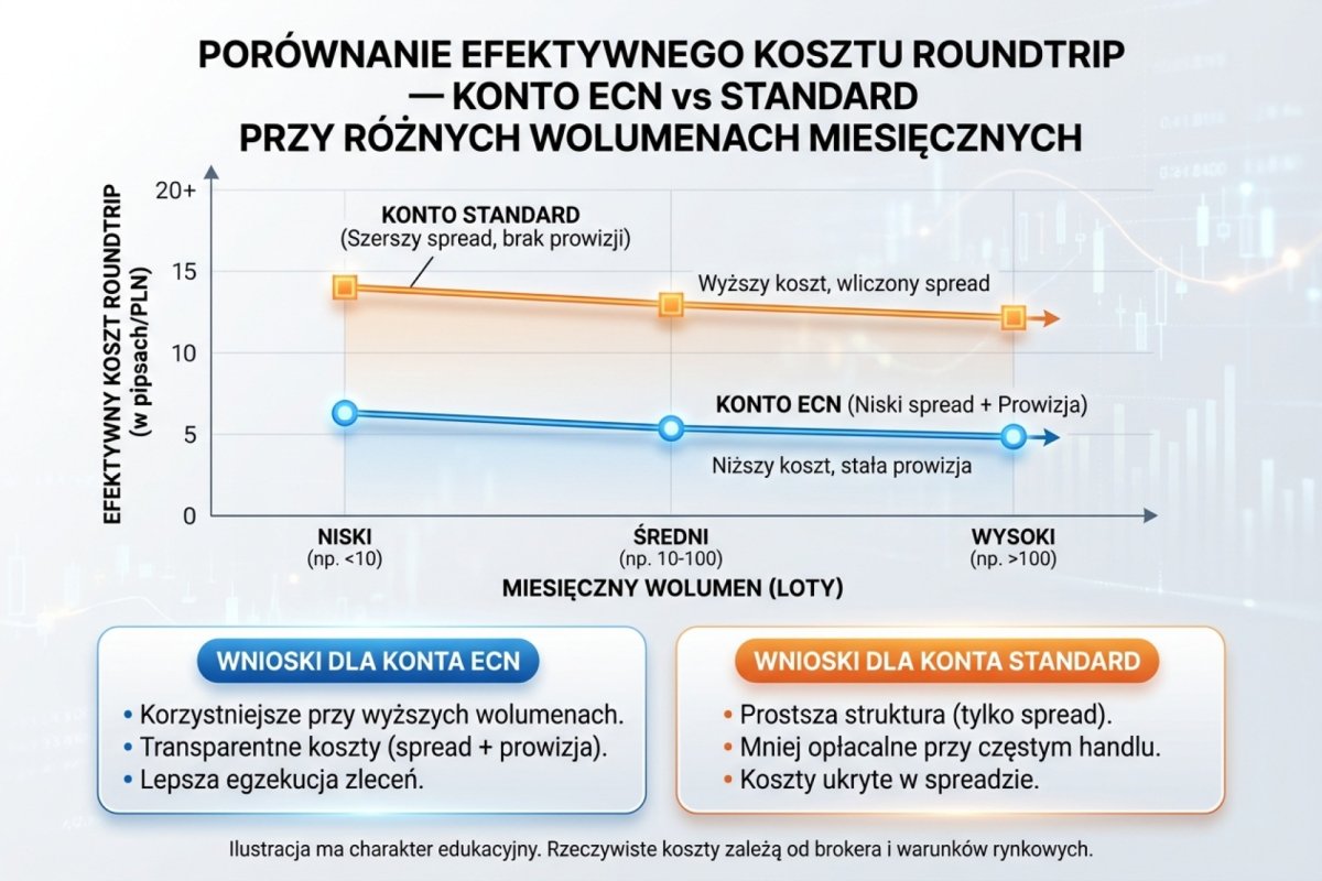 Porównanie efektywnego kosztu roundtrip — konto ECN vs Standard przy różnych wolumenach miesięcznych