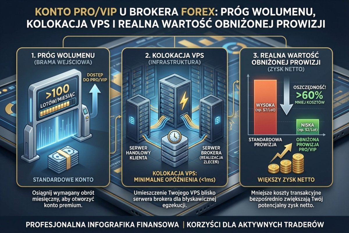 Konto Pro/VIP u brokera Forex — próg wolumenu, kolokacja VPS i realna wartość obniżonej prowizji