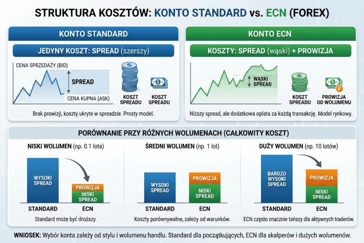 Struktura kosztów konta Standard — spread jako jedyny koszt transakcji, porównanie z ECN przy różnych wolumenach