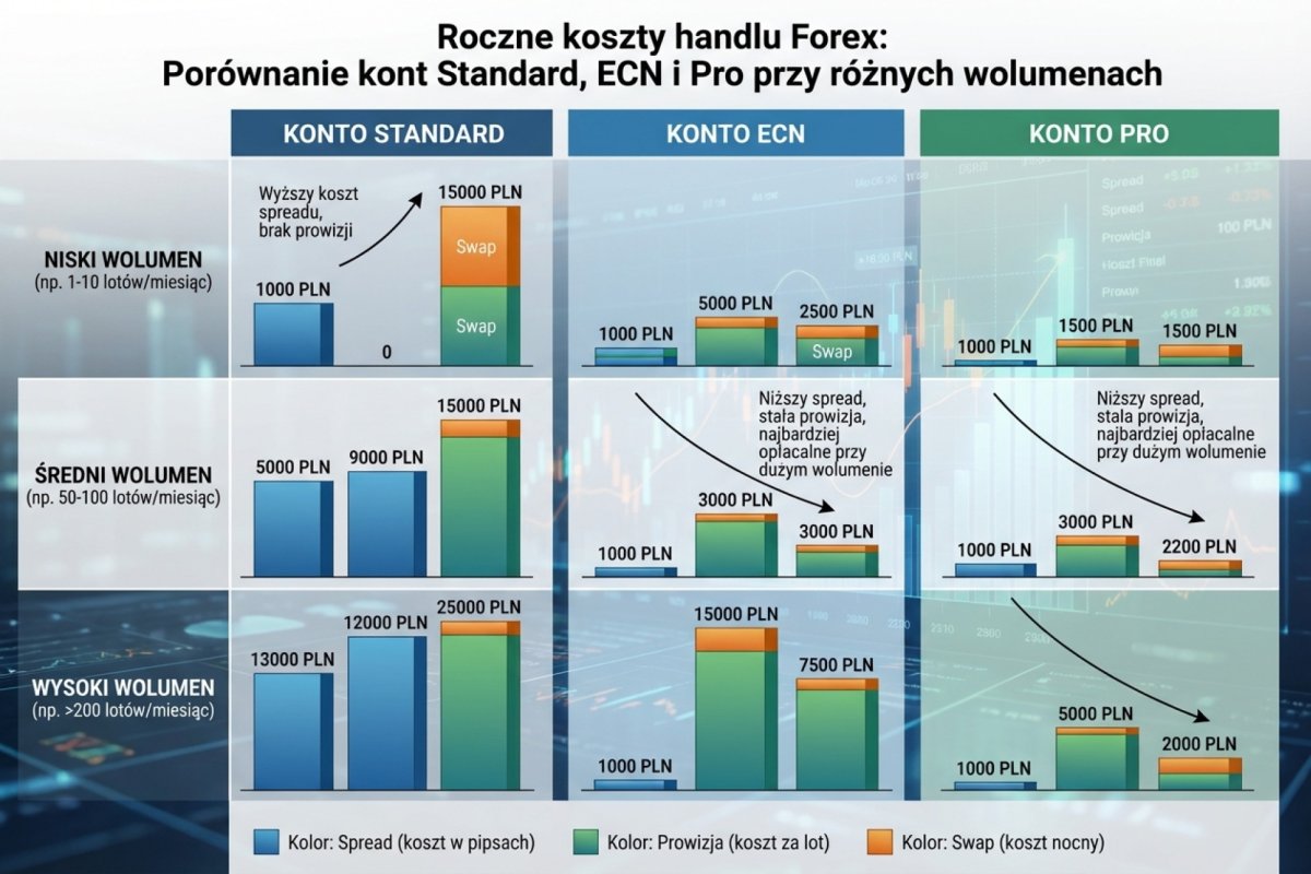 Koszt roczny handlu Forex na koncie Standard, ECN i Pro — porównanie przy różnych wolumenach