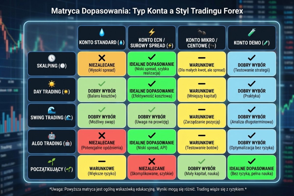 Matryca dopasowania typu konta do stylu tradingu — scalping, day trading, swing, algo, początkujący