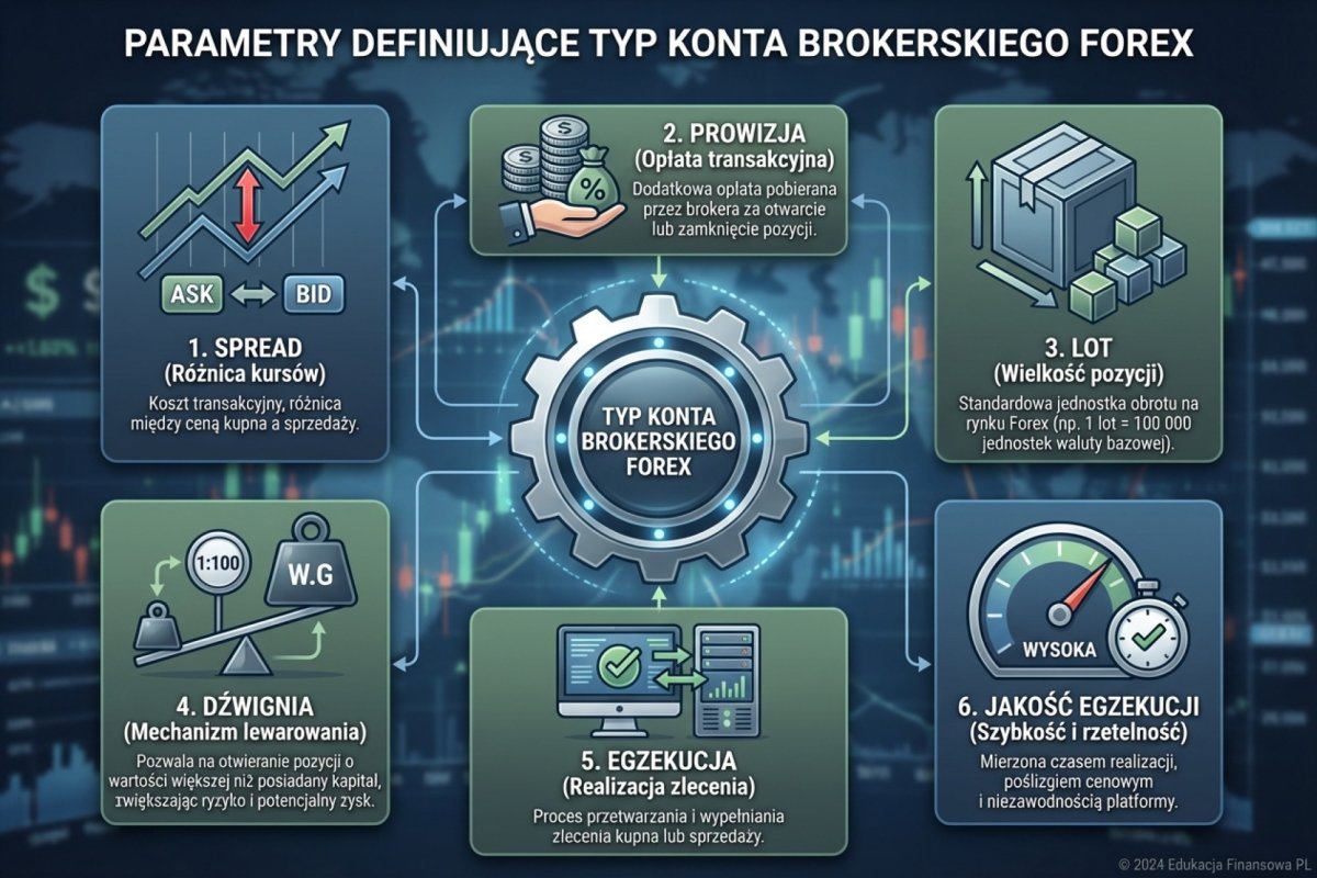 Sześć parametrów definiujących typ konta brokerskiego Forex — spread, prowizja, lot, dźwignia, egzekucja, jakość egzekucji