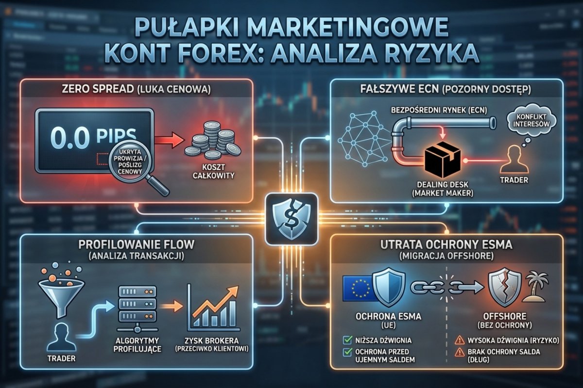 Pułapki marketingowe kont Forex — zero spread, fałszywe ECN, profilowanie flow i utrata ochrony ESMA