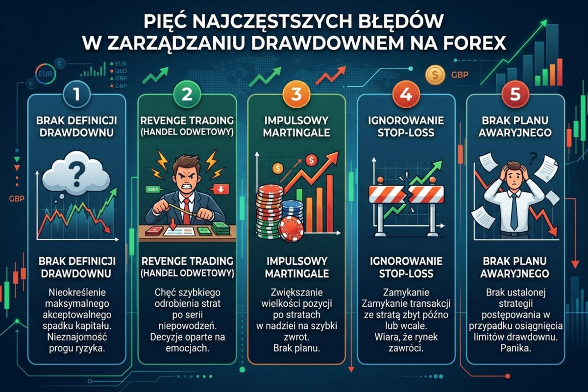 Pięć najczęstszych błędów w zarządzaniu drawdownem — od braku definicji po revenge trading i martingale impulsowy