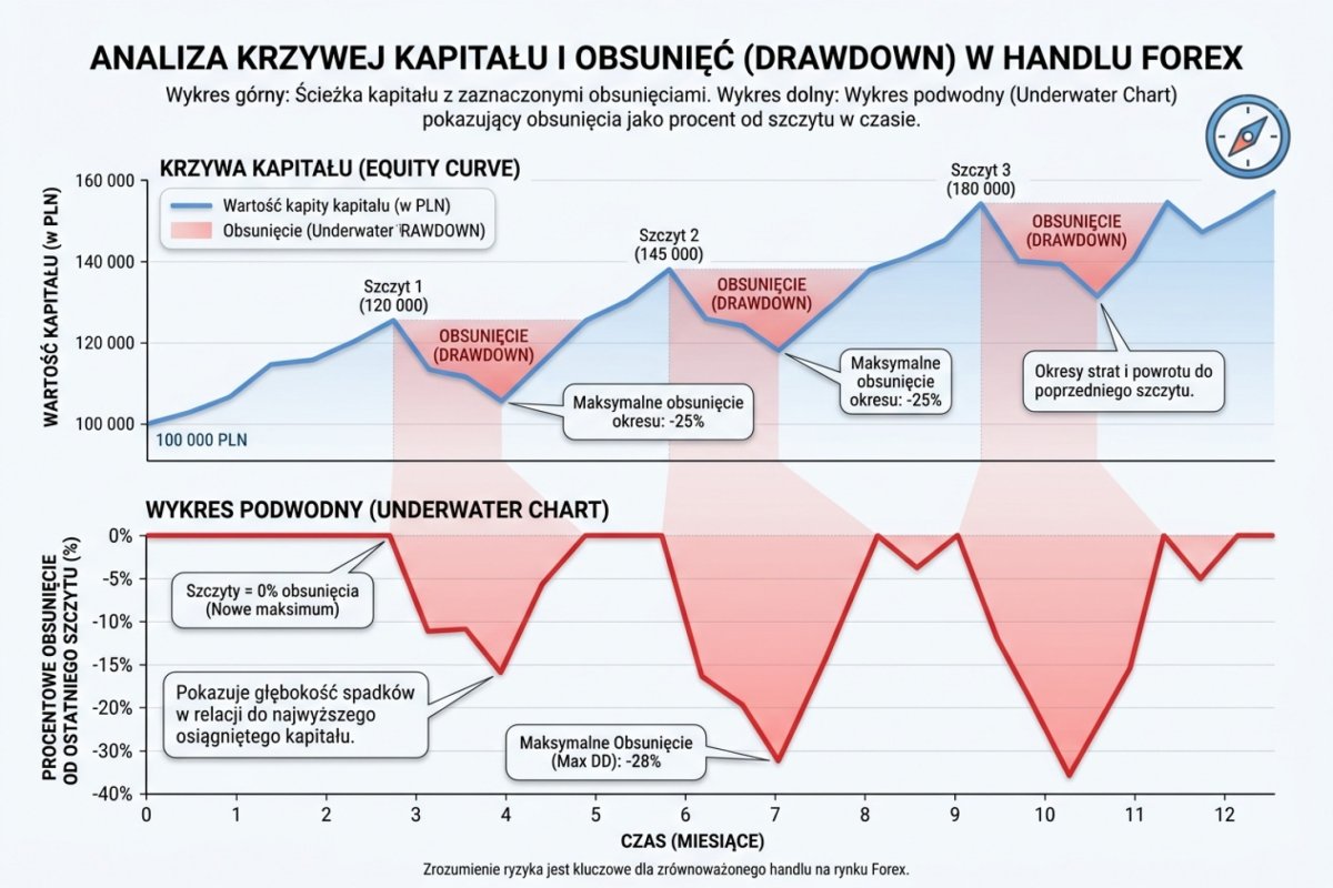 Equity curve z zaznaczonymi drawdownami i odpowiadający jej underwater chart — drawdown jako procent od peaku w czasie