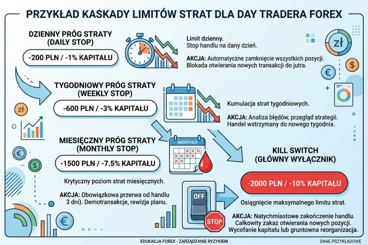 Przykład kaskady limitów strat dla day tradera — progi dzienne, tygodniowe, miesięczne i kill switch z konkretnymi kwotami i akcjami