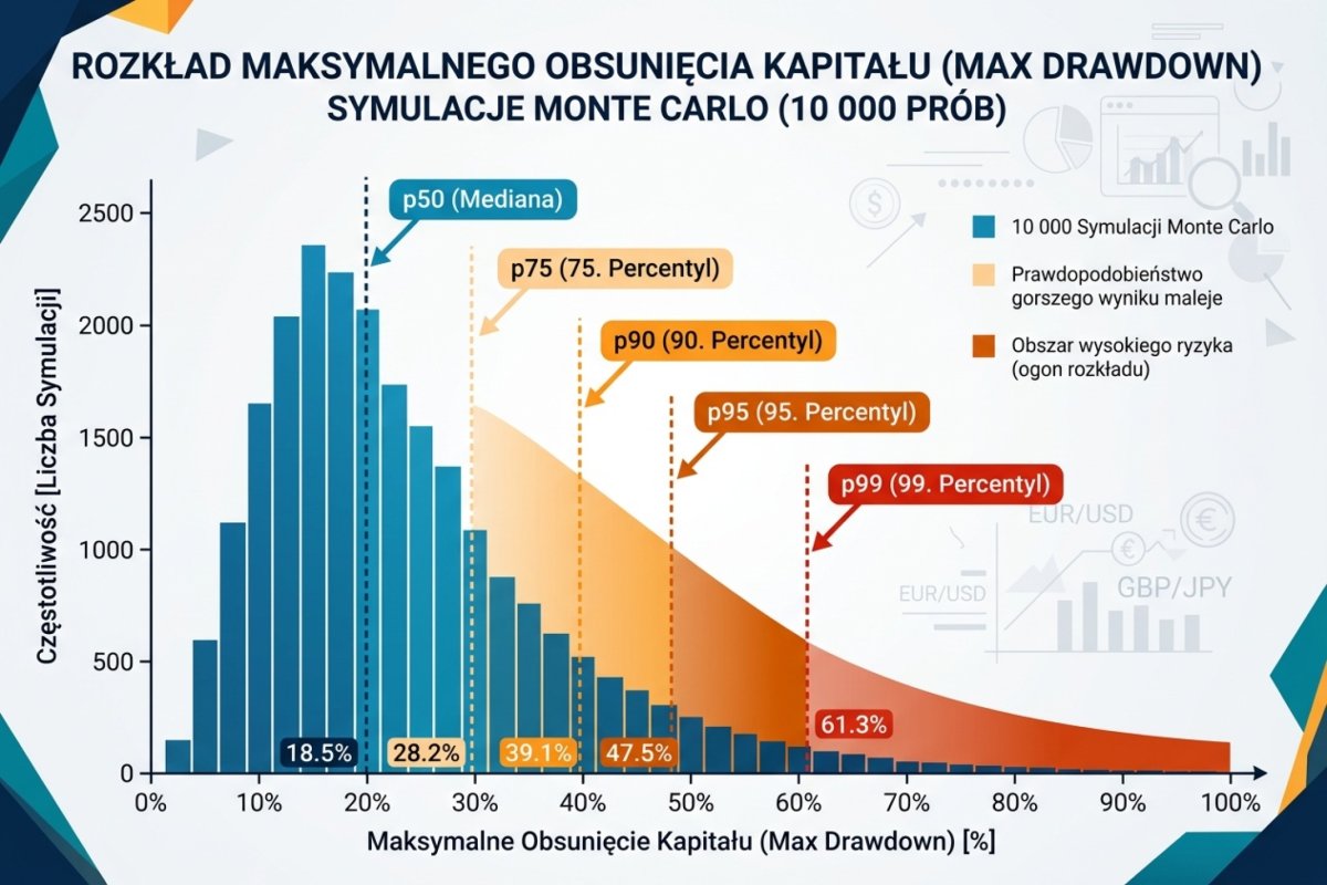 Rozkład max drawdownu z 10 000 symulacji Monte Carlo — histogram z zaznaczonymi percentylami p50, p75, p90, p95 i p99
