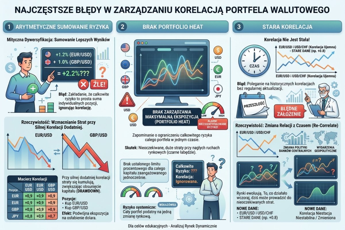 Najczęstsze błędy w zarządzaniu korelacją portfela walutowego — arytmetyczne sumowanie ryzyka, brak portfolio heat, stara korelacja