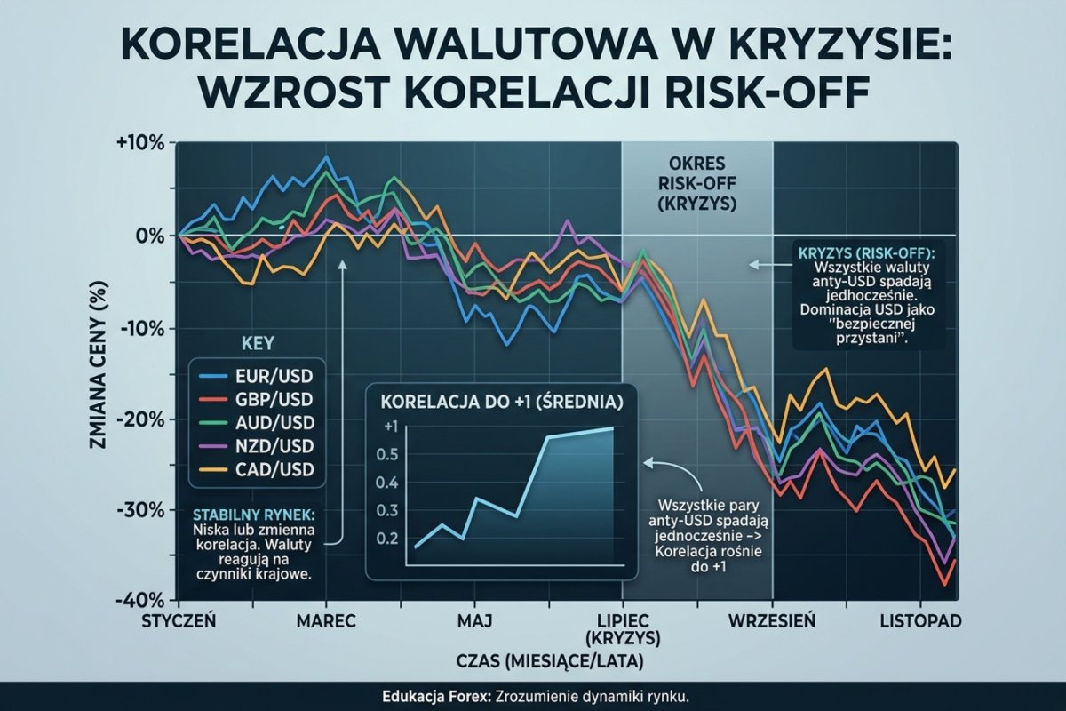 Korelacja walutowa w kryzysie — wykres pokazujący zbieżność korelacji do +1 w okresach risk-off: wszystkie pary anty-USD spadają jednocześnie