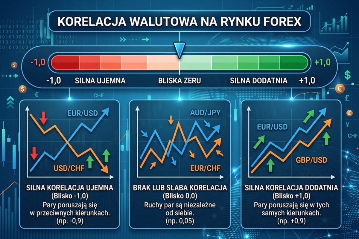 Skala korelacji walutowej od -1 do +1 — przykłady par: EUR/USD vs USD/CHF (silna ujemna), EUR/USD vs GBP/USD (silna dodatnia), AUD/JPY vs EUR/CHF (bliska zeru)