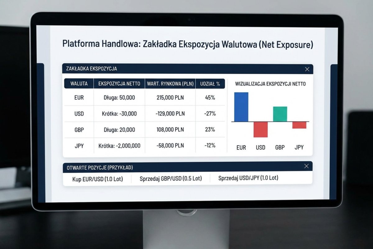 Zakładka Exposure / Net Exposure z platformy cTrader (lub MT5 Trade Tab z agregacją walutową) pokazująca rzeczywistą netto ekspozycję walutową przy kilku otwartych pozycjach — narzędzie wbudowane w platformę, nie sztuczny diagram