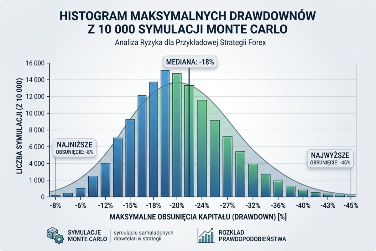 Histogram maksymalnych drawdownów z 10 000 symulacji Monte Carlo — rozkład od -8% do -45% z medianą przy -18%