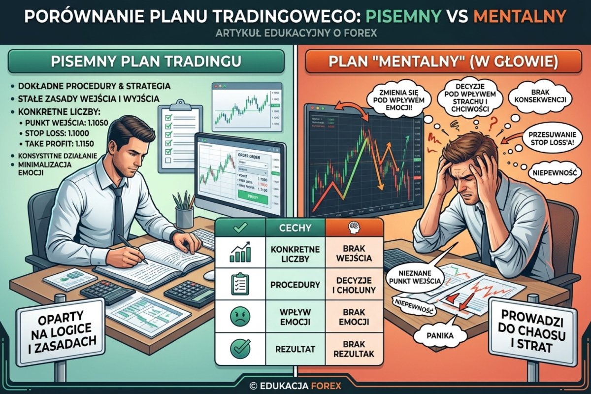 Porównanie planu pisemnego i mentalnego — pisemny ma konkretne liczby i procedury, mentalny zmienia się pod wpływem emocji