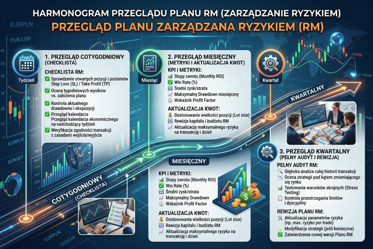 Timeline review planu RM — tygodniowy (checklista), miesięczny (metryki i aktualizacja kwot), kwartalny (pełny audyt i rewizja)