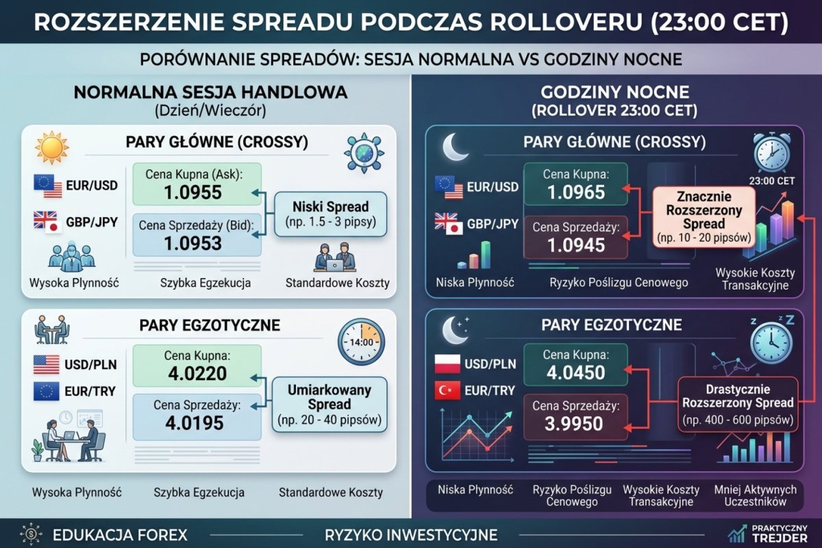 Rozszerzenie spreadu podczas rolloveru 23:00 CET — porownanie normalnego spreadu z nocnym na crossach i egzotykach
