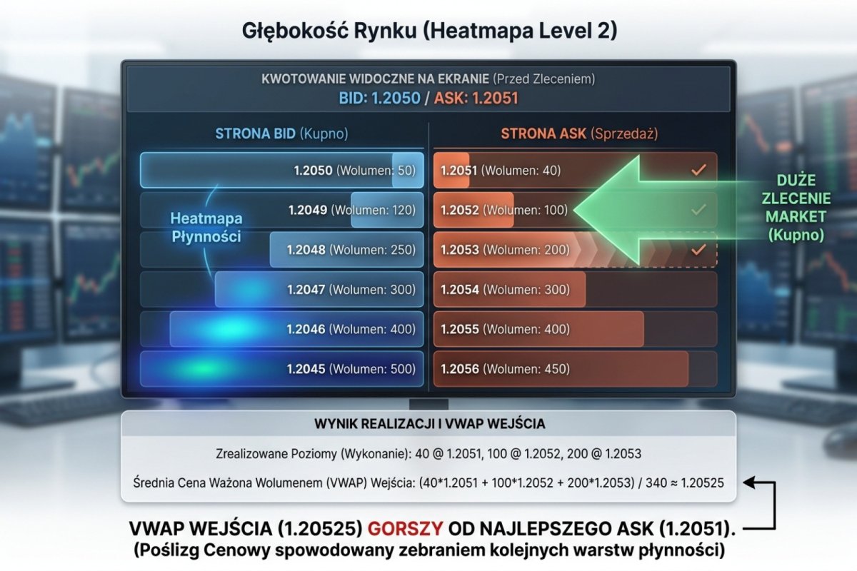 Heatmapa Level 2 / Depth of Market — przykładowy karnet zleceń pokazujący kolejne warstwy płynności po stronie Bid i Ask; market order o dużym wolumenie zbiera kolejne poziomy, co daje VWAP wejścia gorszy od kwotowania widocznego na ekranie