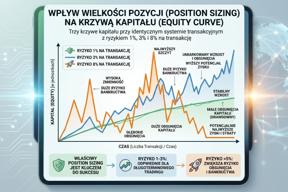 Wpływ position sizingu na equity curve — trzy krzywe kapitału przy identycznym systemie transakcyjnym z ryzykiem 1%, 3% i 8% na transakcję