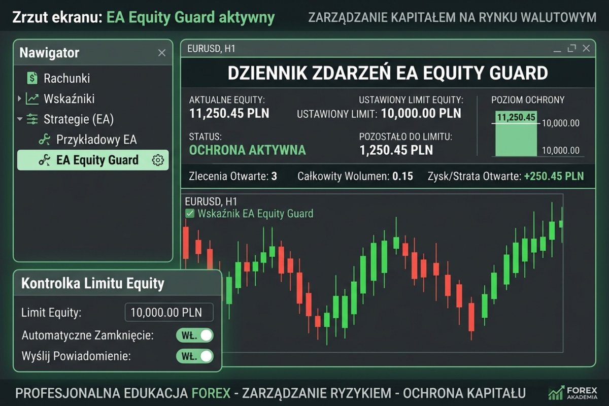 Zrzut ekranu z MT4 — EA Equity Guard aktywny na wykresie, widoczny w panelu Navigator z kontrolką limitu equity