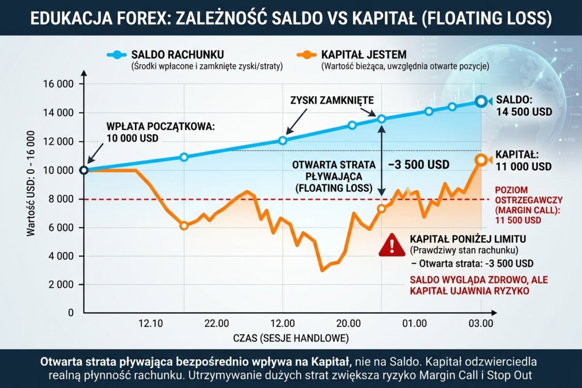 Wykres balance vs equity z otwartą floating loss — balance wygląda zdrowo, equity pokazuje prawdziwy stan rachunku poniżej limitu