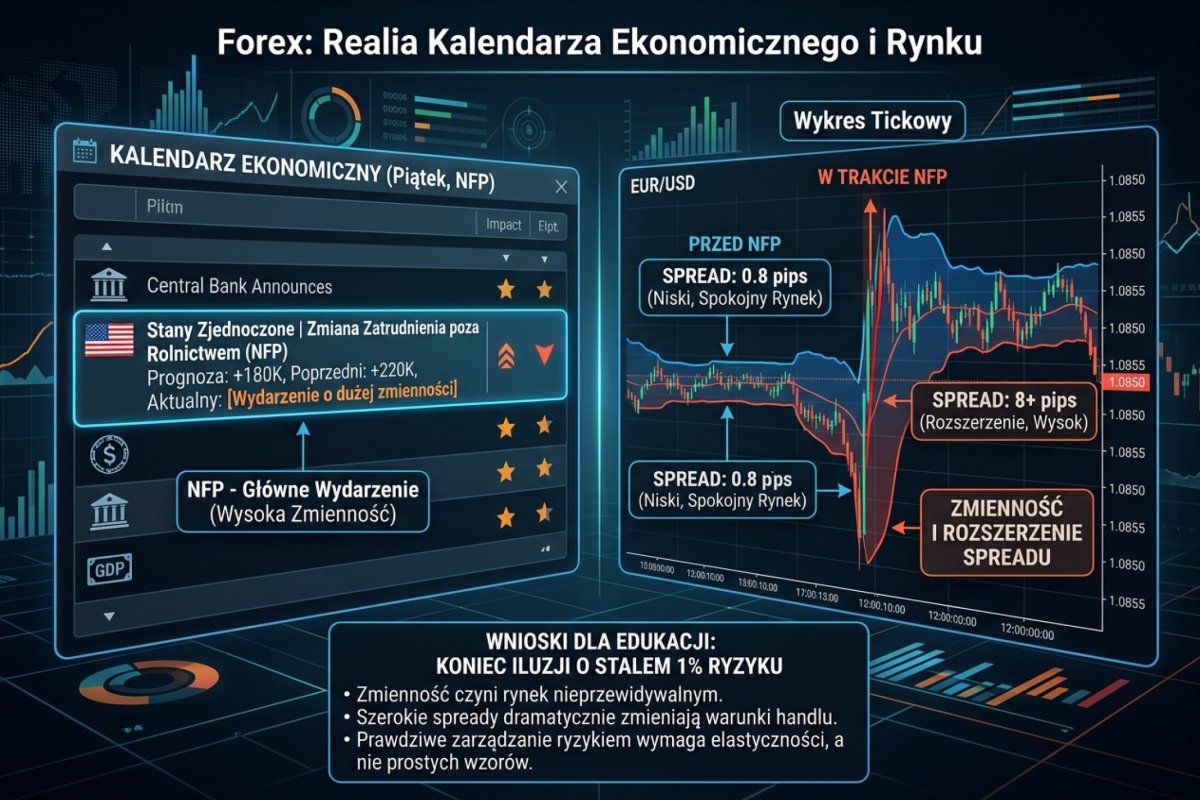 Zestawienie: kalendarz ekonomiczny z zaznaczonym NFP + tick chart EUR/USD z rozszerzeniem spreadu z 0,8 do 8+ pipsów — koniec iluzji planned vs executed risk