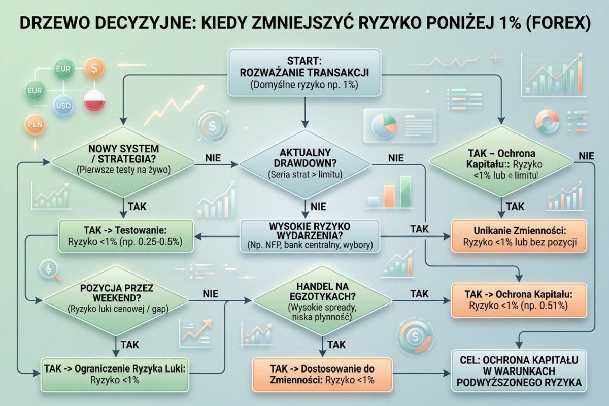Drzewo decyzyjne — kiedy zmniejszyć ryzyko poniżej 1%: nowy system, drawdown, event risk, weekend, egzotyki