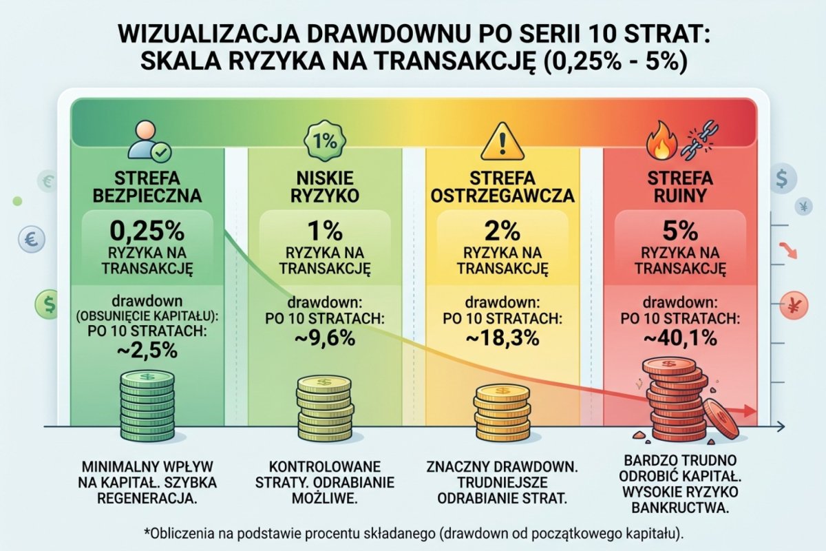 Skala ryzyka na transakcję od 0,25% do 5% — wizualizacja drawdownu po serii 10 strat z kolorowym kodowaniem: zielony (bezpieczny) przez żółty do czerwonego (ruina)