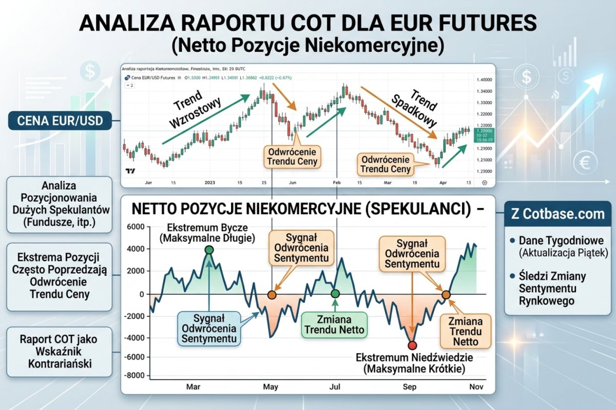 Raport COT — net positioning non-commercials na EUR futures z cotbase.com. Zaznaczone ekstrema i odwrócenia.