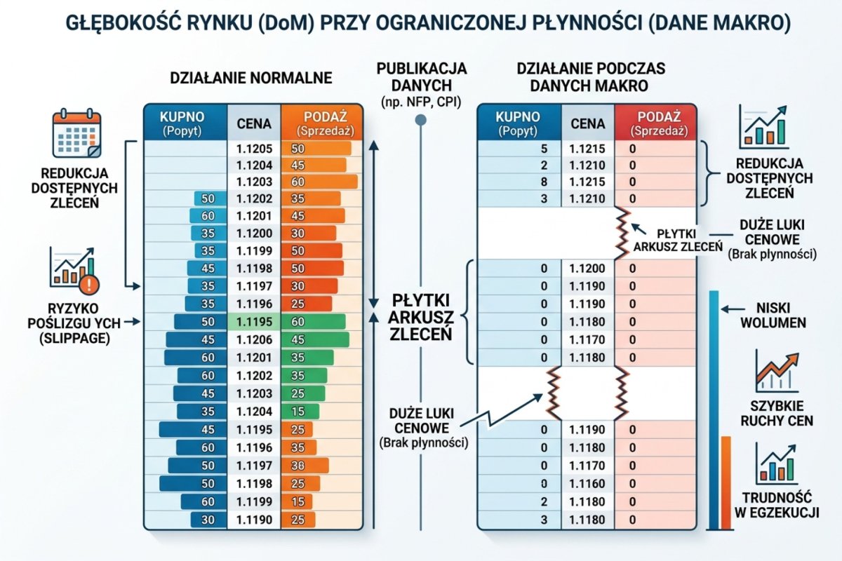 Schemat poglądowy: Depth of Market (DoM) z dramatycznie zredukowaną płynnością przy publikacji danych makro — płytki orderbook i luki między poziomami cenowymi. Porównanie spreadu normalnego (~1 pips) i eventowego (8–15 pips).