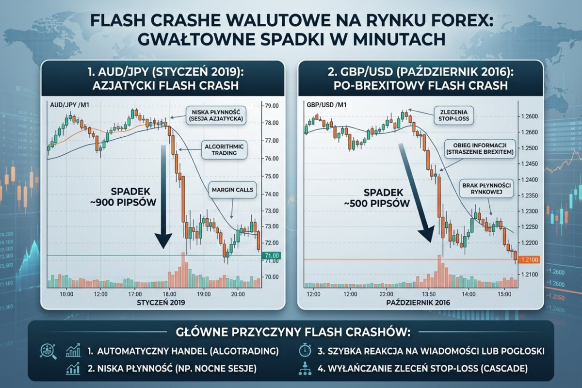 Flash crashe walutowe — wykres GBP/USD 7 października 2016 (z 1,2601 do 1,1491 w ok. 40 sekund według BoE) i AUD/JPY styczeń 2019: gwałtowne spadki w cienkiej płynności sesji azjatyckiej