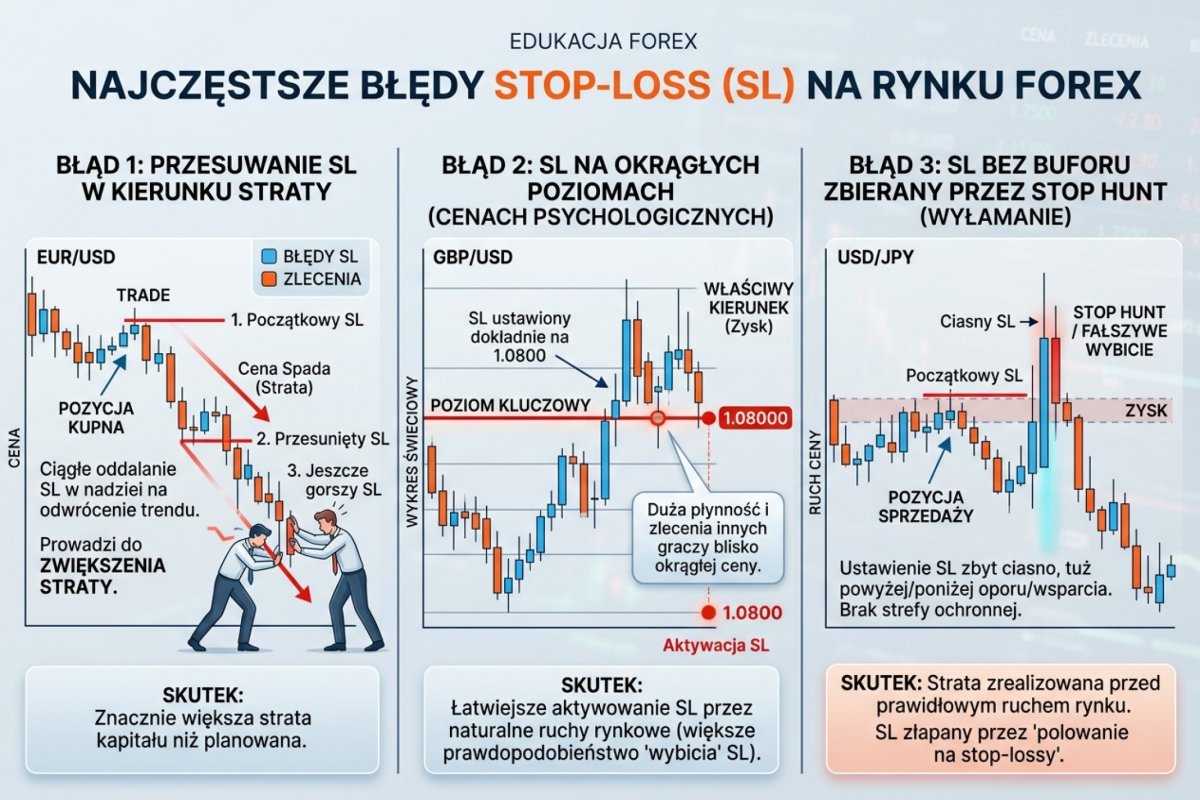 Najczęstsze błędy SL — przesuwanie SL w kierunku straty, SL na okrągłym poziomie (1,0800), SL bez buforu zbierany przez stop hunt