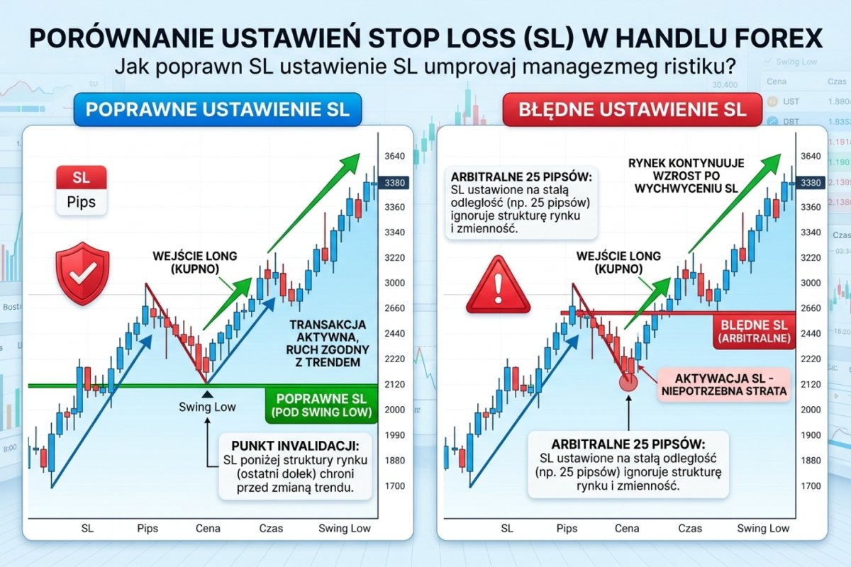 Porównanie poprawnego i błędnego ustawienia SL — poprawny: pod swing low (punkt invalidation), błędny: arbitralnie 25 pipsów od wejścia
