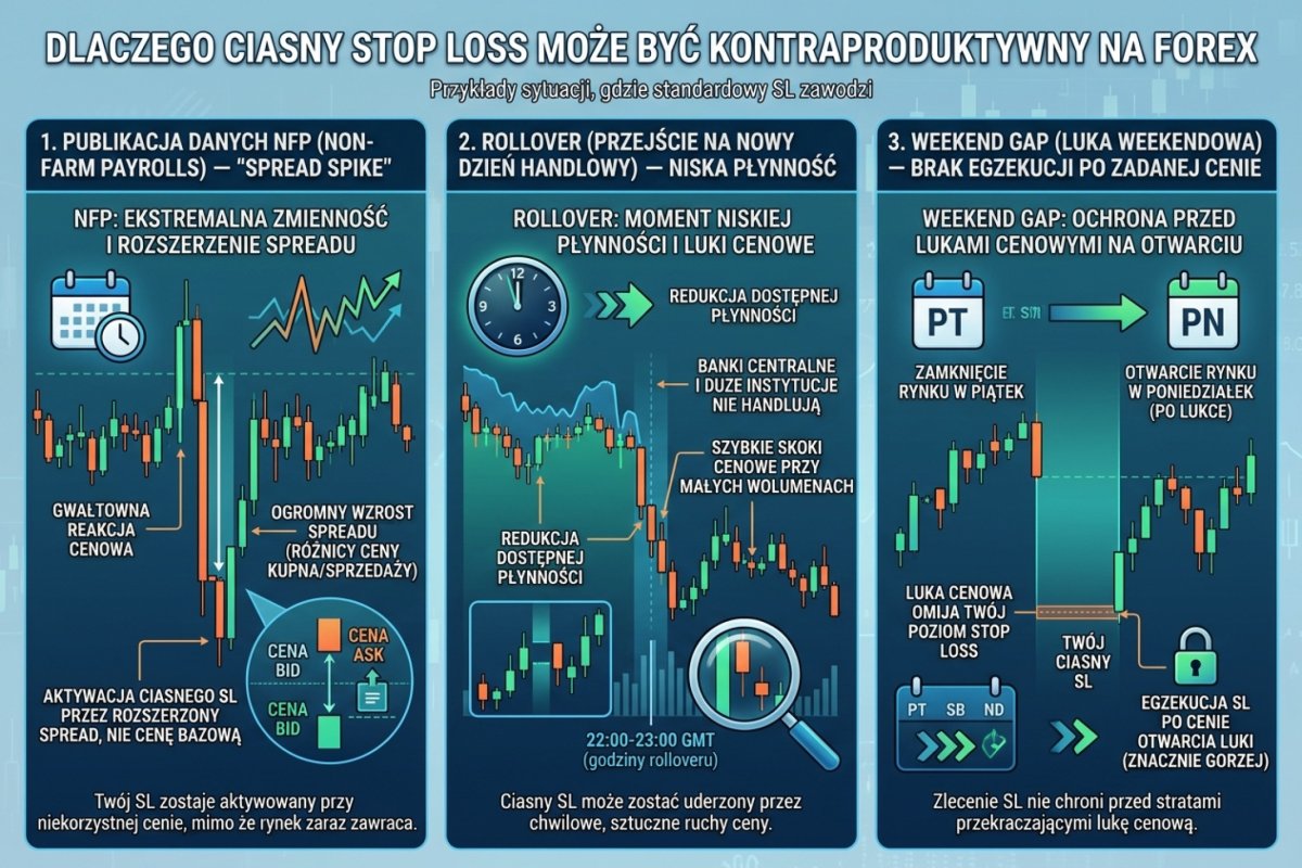 Sytuacje, w których ciasny SL jest kontraproduktywny — NFP (spread spike), rollover (niska płynność), weekend gap (brak egzekucji)