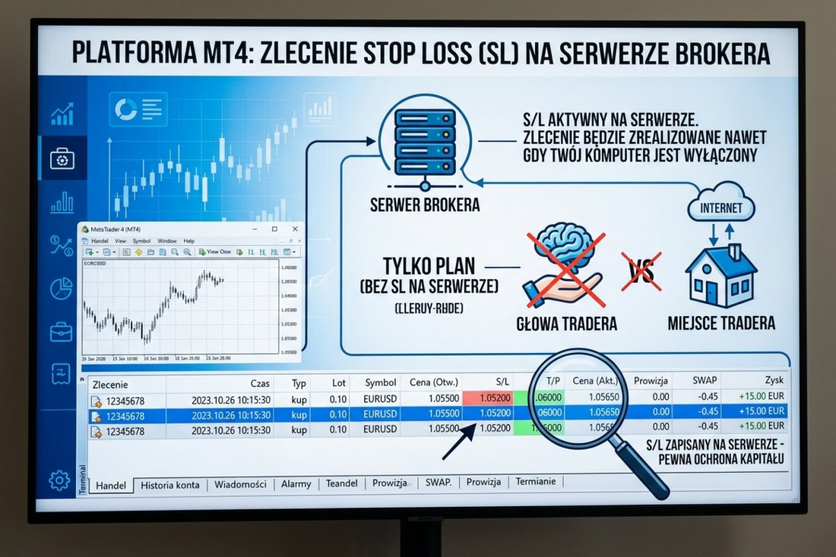 Zrzut z zakładki Terminal MT4 z widocznym SL przypiętym do pozycji (server-side) — dowód że SL jest na serwerze brokera, nie tylko w głowie tradera
