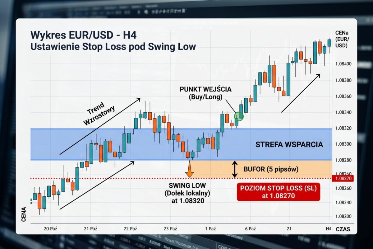 Ustawienie Stop Loss pod swing low — wykres z zaznaczoną strefą wsparcia, swing low, buforem 5 pipsów i poziomem SL