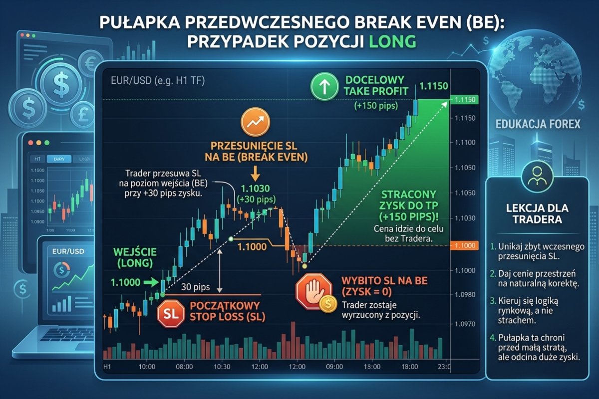 Pułapka przedwczesnego break even — wykres: pozycja long, cena rośnie +30 pips, SL na BE, retrace wybija BE, cena idzie do TP bez tradera