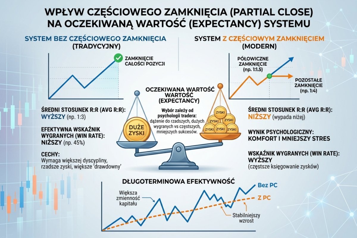Wpływ partial close na expectancy systemu — wykres: system bez partial close (wyższy avg R:R, niższy win rate efektywny) vs system z partial close (niższy avg R:R, wyższy psychologiczny komfort)