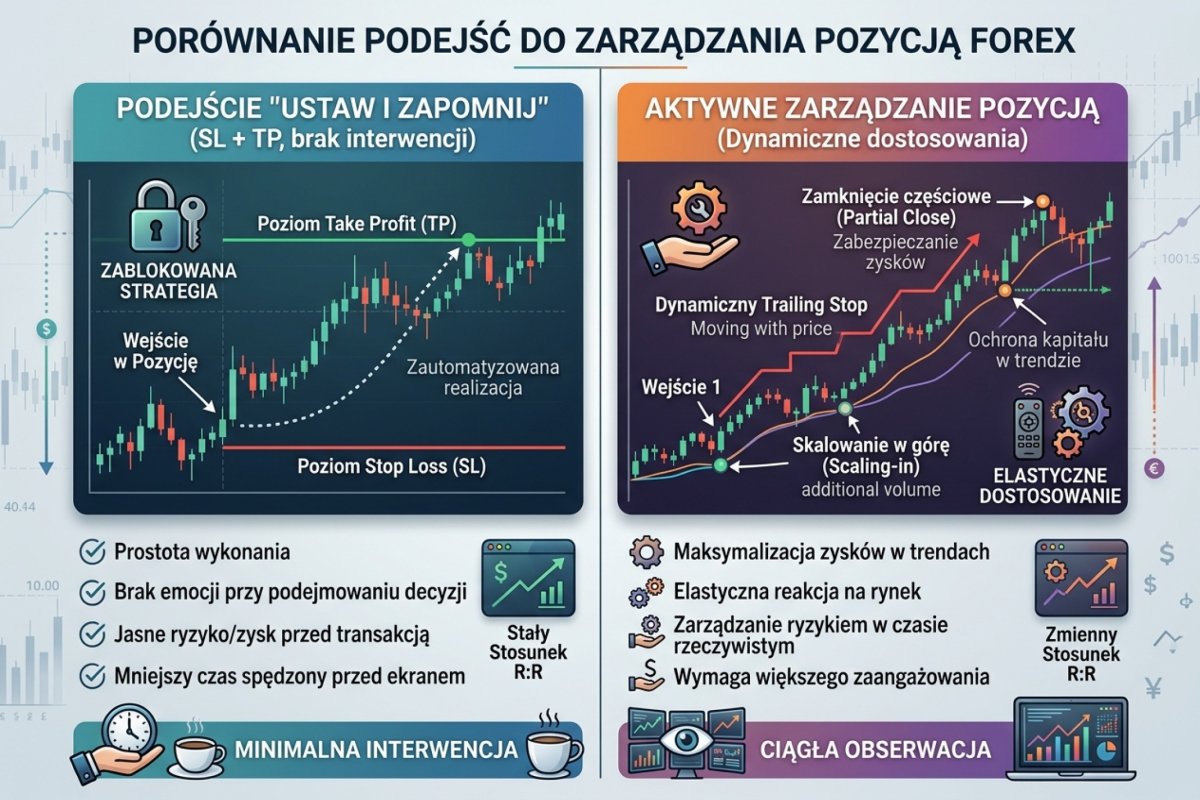 Porównanie dwóch podejść do zarządzania pozycją — set and forget (SL + TP, brak interwencji) vs aktywne zarządzanie (trailing, partial close, scaling)