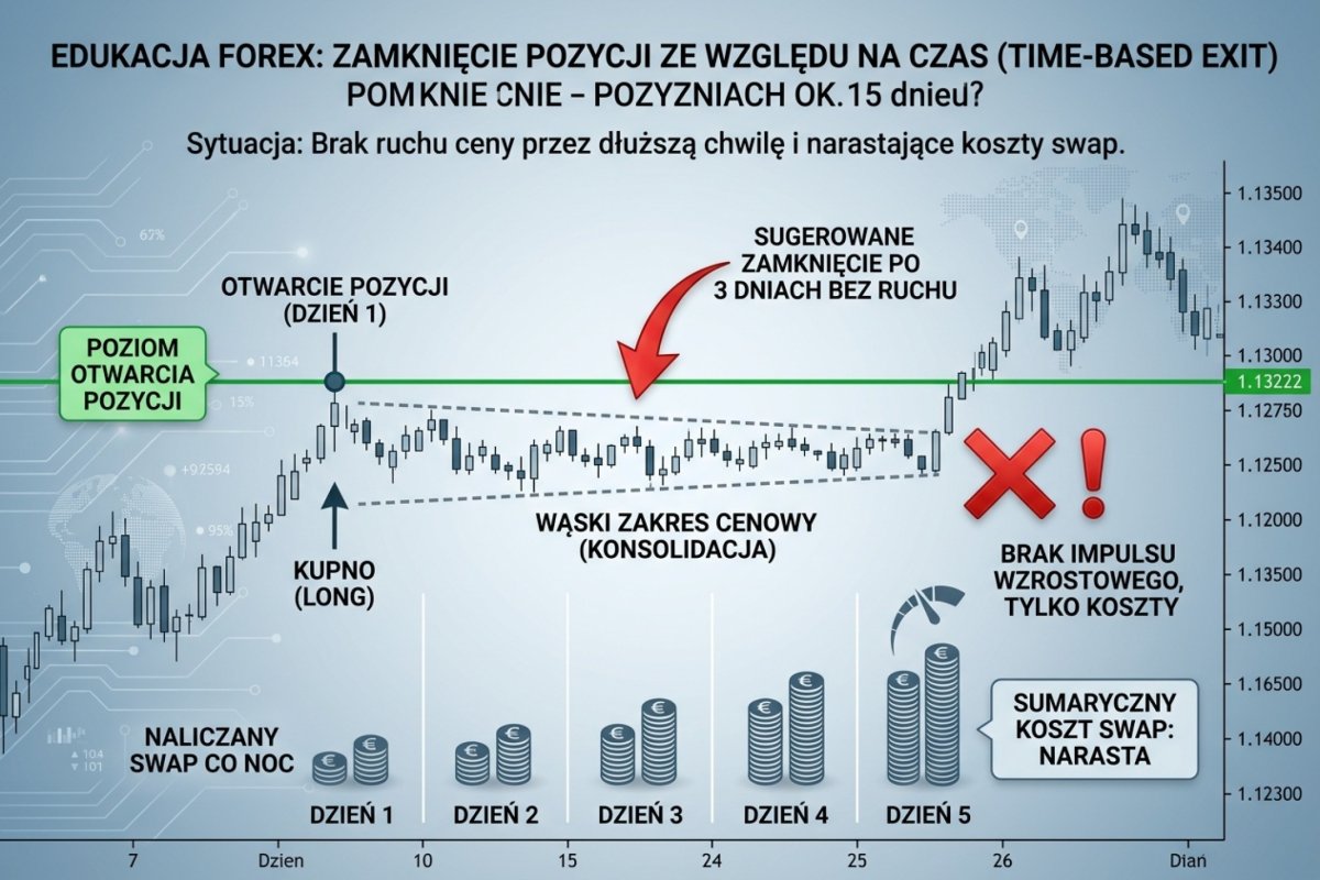 Time-based exit — wykres: pozycja otwarta bez ruchu przez 5 dni, cena w wąskim range, swap naliczany co noc, strzałka „zamknij po 3 dniach bez ruchu"