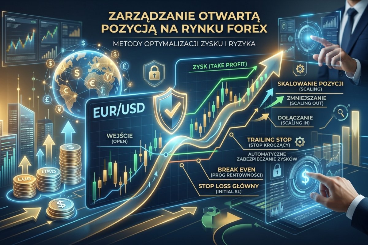 Zarządzanie otwartą pozycją — trailing stop, break even i skalowanie na wykresie cenowym Forex